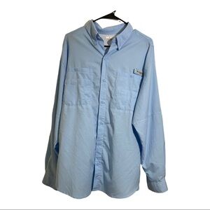 Columbia PFG mens light blue shirt. No size tag measurements pit 24” length